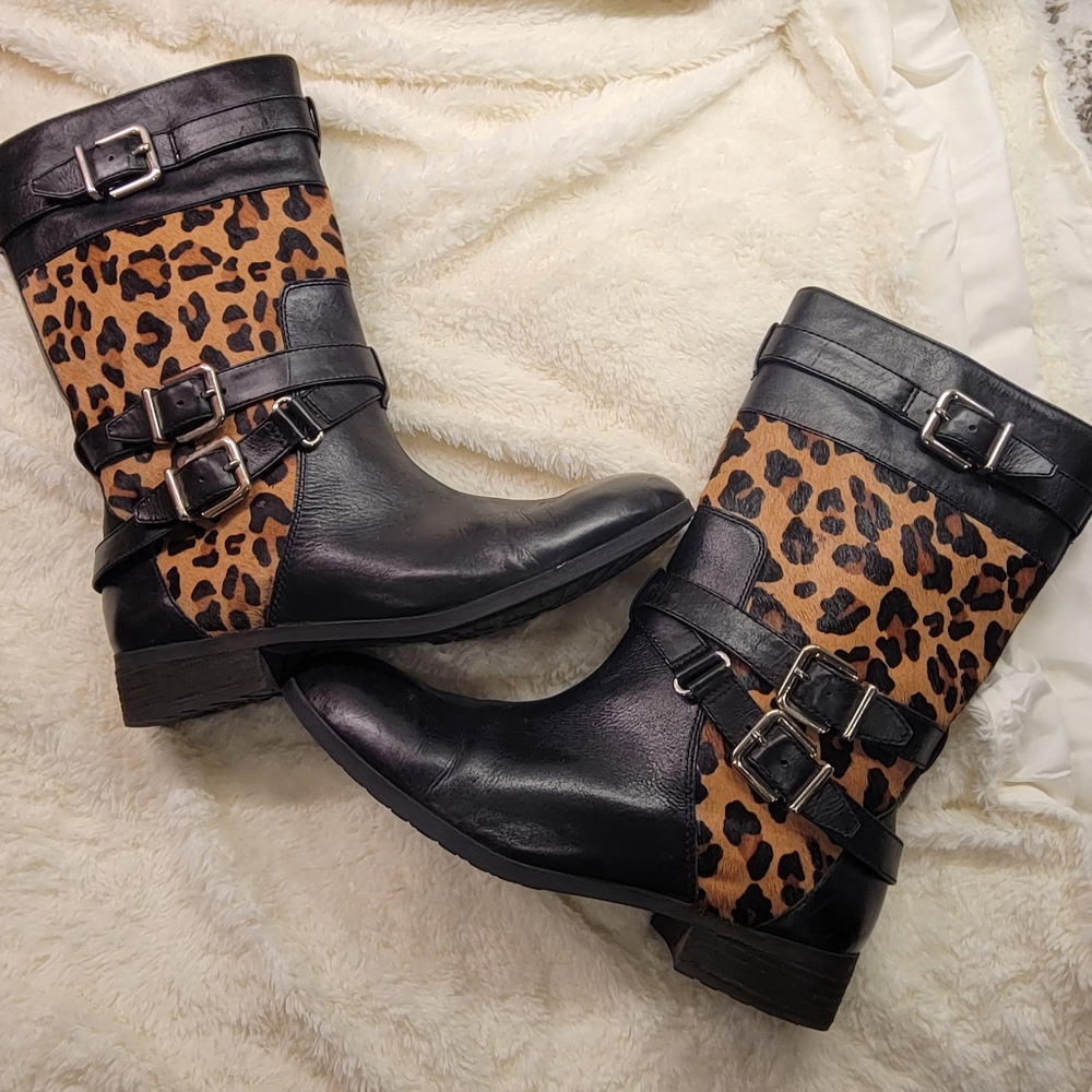 Antonio Melani Black Leather Boots Leopard Calf hair Combat Moto Size 9.5 M